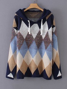 Berrylook Hat Collar Patchwork Casual Color Block Geometric Printed Long Sleeve Knit Pullover shop, shoping, sweaters, sweaters for women