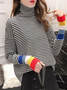 Berrylook Heap Collar Striped Long Sleeve Knit Pullover sale, shoping, sweater hoodie, fall sweaters