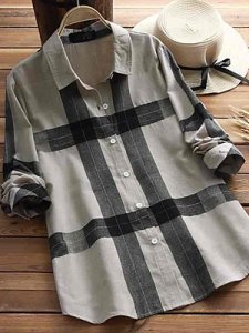 Berrylook Lapel Patchwork Brief Plaid Long Sleeve Linen Blouse online sale, shop, summer tops for women, summer tops