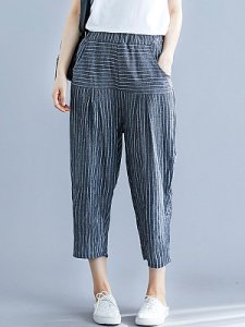 Berrylook Literary retro cotton and linen striped casual pants cropped pants clothes shopping near me, online stores,