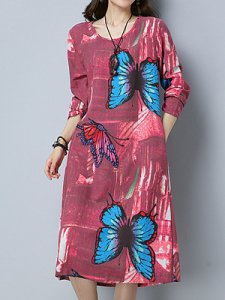 Berrylook Long Sleeve Printed Round Neck A-line Dress online shopping sites, sale, halter dress, below the knee dresses
