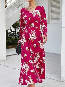 Berrylook Long Sleeve V-neck Print Dress online, stores and shops, off the shoulder dress, lace maxi dress