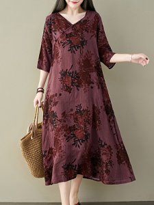 Berrylook Loose Cotton And Linen Printed V-neck Short Sleeve Dress online, fashion store, sweater dress, tea length dresses