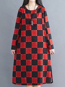Berrylook Loose Round Neck Long Sleeve Plaid Dress shoping, shoppers stop, long red dress, long formal dresses