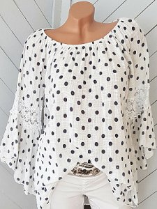 Berrylook Open Shoulder Collar Patchwork Dot Three-quarter Sleeve Blouse clothes shopping near me, shoppers stop, splice Blouses, red blouse, white top
