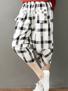 Berrylook Oversized cotton and linen loose check high waist casual pants cropped pants shoping, sale,