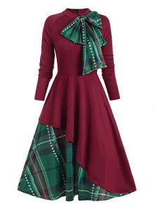 Berrylook Plaid Bow Long Sleeve Dress online shopping sites, online sale, fit flare dress, ladies dress