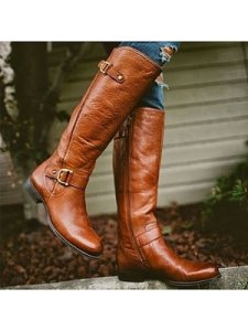 Berrylook Plain Flat Round Toe Date Outdoor Knee High Flat Boots online sale, fashion store,