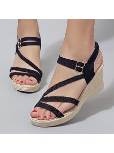 Berrylook Plain High Heeled Ankle Strap Peep Toe Casual Date Wedge Sandals shoppers stop, online stores,