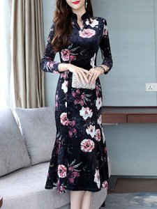 Berrylook Printed Long Sleeve Dress shop, clothing stores, turquoise dress, blue bodycon dress