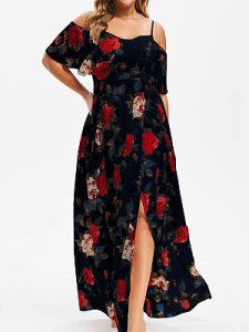 Berrylook Printed Short Sleeve Off-shoulder High-waist Split Dress stores and shops, shoppers stop, long sleeve maxi dress, floral dresses