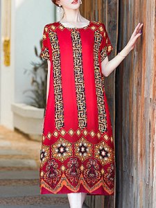 Berrylook Printed Short-sleeved Round Neck Dress clothing stores, sale, long red dress, womens linen clothing