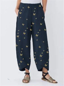 Berrylook Retro Butterfly Printed loose Cotton-linen Shift Pants online shop, online sale,