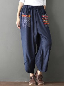 Berrylook Retro patchwork cotton and linen wide-leg pants loose women's pants shoping, online,