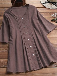 Berrylook Round Neck Buttons Short Sleeve Blouse clothes shopping near me, shoping, dressy tops, cute tops for women