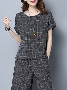 Berrylook Round Neck Checkered Blouses And Bottoms Suits online shop, clothes shopping near me, peasant blouse, summer tops for women
