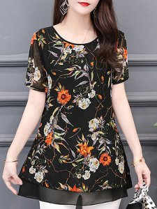 Berrylook Round Neck Chiffon Printed Blouse sale, clothes shopping near me, going out tops, button up shirts for women