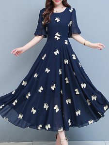 Berrylook Round Neck Chiffon Printed Oversized Maxi Dress online stores, clothing stores, petite dresses, dresses for juniors