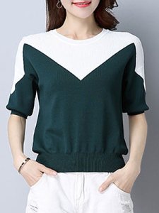 Berrylook Round Neck Color Block Short Sleeve Knit Pullover shoppers stop, clothes shopping near me, sweaters, sweater hoodie