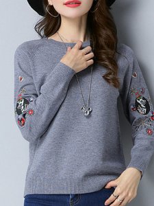 Berrylook Round Neck Embroidery Elegant Long Sleeve Knit Pullover clothing stores, sale, embroidery Pullover, chunky sweater, wool sweater