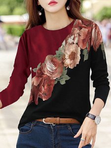 Berrylook Round Neck Floral Print Long Sleeve T-shirt shoping, online, printing Long sleeve T-shirts,