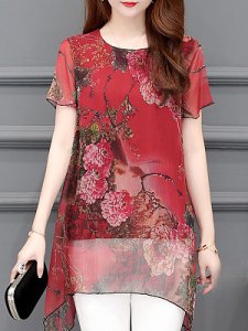 Berrylook Round Neck Floral Print Short Sleeve Blouse online stores, fashion store, silk blouse, going out tops