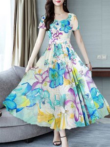 Berrylook Round Neck Floral Printed Maxi Dres online, fashion store, maxi dresses with sleeves, long sleeve maxi dress