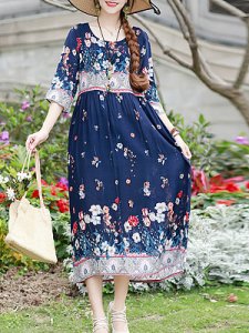 Berrylook Round Neck Floral Printed Maxi Dress clothes shopping near me, shoping, Oversized Maxi Dresses, sweater dress, petite dresses