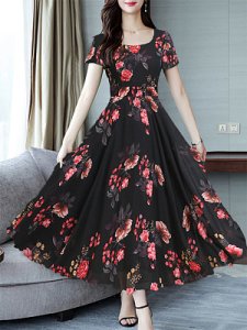 Berrylook Round Neck Floral Printed Maxi Dress online shopping sites, shop, petite dresses, semi formal dresses