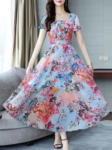 Berrylook Round Neck Floral Printed Maxi Dress online stores, online, sheath dress, black long sleeve dress