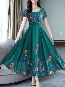 Berrylook Round Neck Floral Printed Maxi Dress shoping, clothing stores, petite maxi dresses, dresses for juniors
