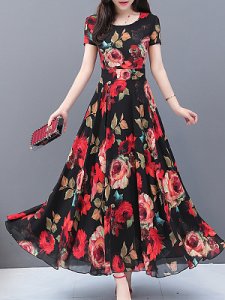 Berrylook Round Neck Floral Printed Maxi Dress stores and shops, clothes shopping near me, tunic dress, sweater dress