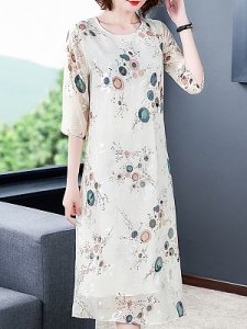 Berrylook Round Neck Floral Printed Shift Dress clothing stores, stores and shops, tunic dress, long white dress