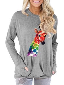 Berrylook Round Neck Giraffe Print Long Sleeve T-shirt shop, online,