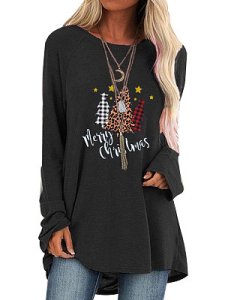 Berrylook Round Neck Merry Christmas Print Long Sleeve T-shirt online shopping sites, online shop,