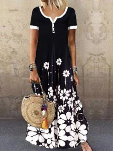Berrylook Round Neck Patch Pocket Floral Printed Maxi Dress clothes shopping near me, stores and shops, floral dresses, petite dresses
