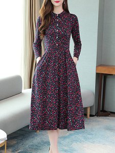 Berrylook Round Neck Patch Pocket Single Breasted Floral Printed Skater Dress online, clothes shopping near me, floral Skater Dresses, long sleeve fit and flare dress, skater dress