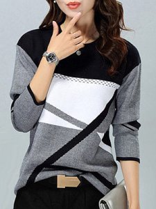 Berrylook Round Neck Patchwork Color Block Knit Pullover online sale, online stores, color Pullover, turtleneck sweater, oversized sweaters