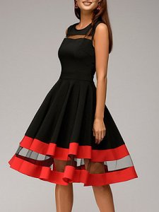 Berrylook Round Neck Patchwork Color Block Skater Dress clothes shopping near me, online stores, Flared Skater Dresses, long sleeve skater dress, skater dress