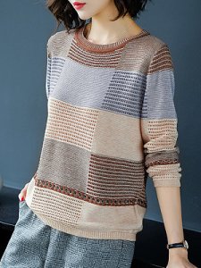 Berrylook Round Neck Patchwork Elegant Color Block Long Sleeve Knit Pullover online stores, sale, sweater, white cardigan
