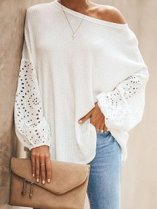 Berrylook Round Neck Patchwork Elegant Embroidery Puff Sleeve Long Sleeve Knit Pullover shop, online stores, long cardigan sweater, cardigan sweater