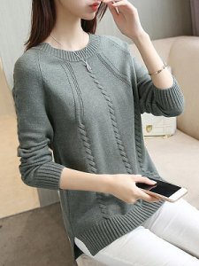 Berrylook Round Neck Patchwork Elegant Plain Long Sleeve Knit Pullover online shop, fashion store, fall sweaters, cardigan sweater