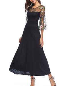Berrylook Round Neck Patchwork Embroidery Maxi Dress online shopping sites, fashion store, Fitted Maxi Dresses, black long sleeve dress, sundress
