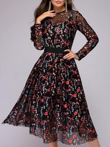 Berrylook Round Neck Patchwork Floral Skater Dress clothes shopping near me, online shopping sites, floral Skater Dresses, lace skater dress, fit and flare dress with sleeves