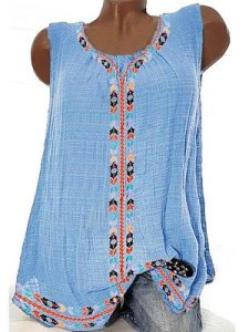 Berrylook Round Neck Patchwork Vintage Sleeveless T-Shirts online, online shop,