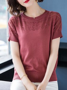 Berrylook Round Neck Plain Short Sleeve Knit Pullover clothes shopping near me, shoping, sweaters, cable knit sweater