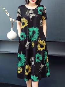 Berrylook Round Neck Print Maxi Dress clothing stores, online, sheath dress, long sleeve dress