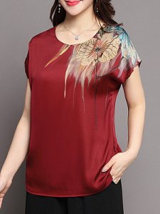 Berrylook Round Neck Print Short Sleeve Blouse clothes shopping near me, online, dressy tops, one shoulder tops