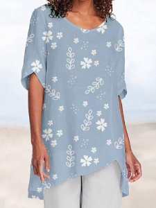 Berrylook Round Neck Print Short Sleeve Blouse online, online shopping sites, peasant blouse, ruffle blouse