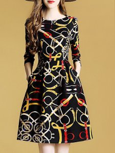 Berrylook Round Neck Print Skater Dress stores and shops, fashion store, Fitted Skater Dresses, flare dress, long sleeve fit and flare dress